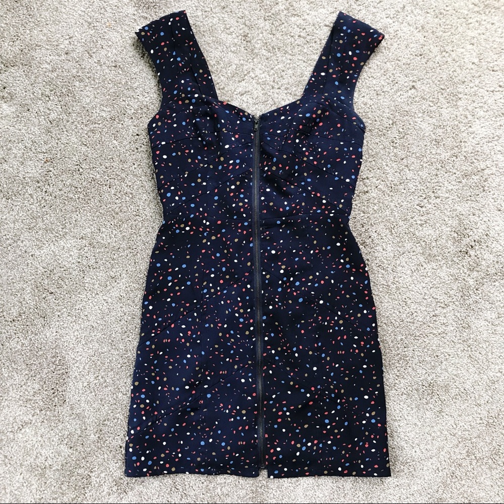 Bcbgeneration Zip Front Mini Navy Dotted Dress - image 1